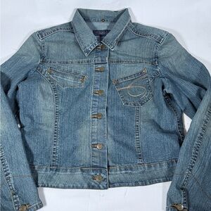 VTG Baccini Blue Jean Jacket Cropped belt back cute y2k Fit Size Large
